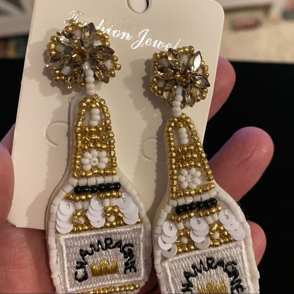 Champagne bottle earrings white gold beaded - Picture 6 of 6